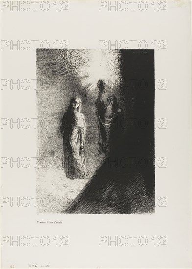 He Raises the Bronze Urn, plate 4 of 10, 1888, Odilon Redon, French, 1840-1916, France, Lithograph in black on ivory China paper, laid down on ivory wove paper, 274 × 196 mm (image/chine), 442 × 315 mm (sheet)