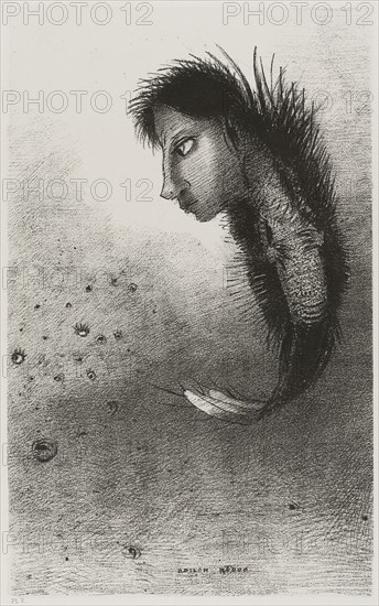 Then There Appears a Singular Being, Having the Head of a Man On the Body of a Fish, plate 5 of 10, 1888, Odilon Redon, French, 1840-1916, France, Lithograph in black on ivory China paper, laid down on ivory wove paper (chine collé), 276 × 171 mm (image/chine), 432 × 314 mm (sheet)