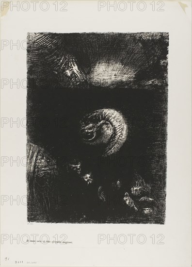And All Manner of Frightful Creatures Arise, plate 8 of 10, 1888, Odilon Redon, French, 1840-1916, France, Lithograph in black on ivory China paper, laid down on ivory wove paper, 314 × 226 mm (image/chine), 433 × 314 mm (sheet)
