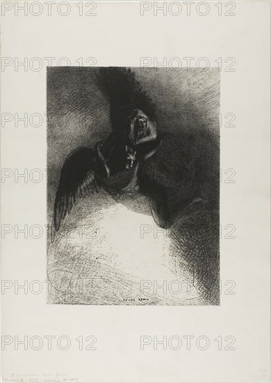 Frontispiece to A Gustave Flaubert (To Gustave Flaubert), 1889, Odilon Redon, French, 1840-1916, France, Lithograph in black on cream China paper laid down on ivory wove paper, 279 × 204 mm (image/chine), 451 × 347 mm (sheet)