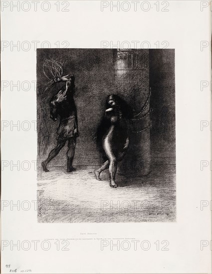 Saint Anthony: Beneath her long hair, which covered her face, I thought I recognized Ammonaria, plate 1 of 6, 1889, Odilon Redon, French, 1840-1916, France, Lithograph in black on ivory China paper laid down on ivory wove paper, 288 × 231 mm (image/chine), 449 × 345 mm (sheet)