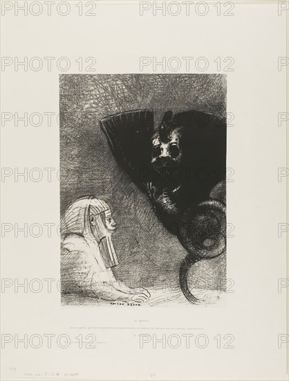 The Sphinx: …my gaze that nothing can deflect, passing through objects, remains fixed on an inaccessible horizon. The Chimera: As for me, I am light and joyful, plate 5 from To Gustave Flaubert, 1889, Odilon Redon, French, 1840-1916, France, Lithograph in black on ivory China paper laid down on ivory wove paper, 282 × 202 mm (image/chine), 450 × 349 mm (sheet)