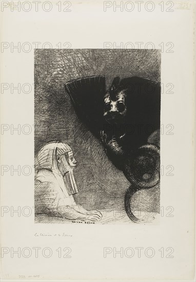 The Sphinx: …my gaze that nothing can deflect, passing through objects, remains fixed on an inaccessible horizon. The Chimera: As for me, I am light and joyful, plate 5 from To Gustave Flaubert, 1889, Odilon Redon, French, 1840-1916, France, Lithograph in black on ivory China paper laid down on ivory wove paper, 282 × 202 mm (image/chine), 442 × 309 mm (sheet)