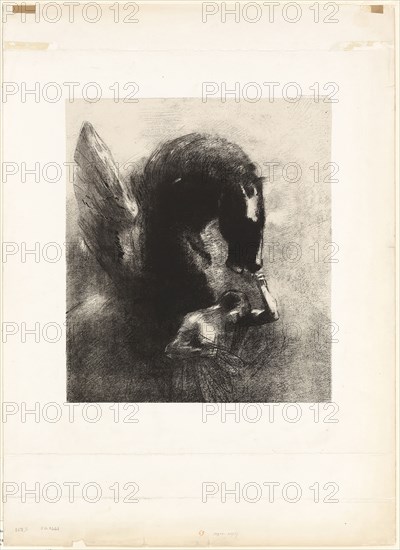 Captive Pegasus, 1889, Odilon Redon, French, 1840-1916, France, Lithograph in black on cream China paper laid down on cream wove paper, 340 × 297 mm (image/chine), 602 × 438 mm (sheet)