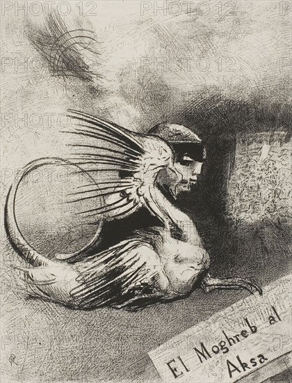 Frontispiece for El Moghreb al Aksa by Edmond Picard, 1889, Odilon Redon, French, 1840-1916, France, Lithograph in black on ivory China paper laid down on ivory wove paper, 244 × 186 mm (image/chine), 423 × 314 mm (sheet)