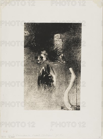 Frontispiece for Iwan Gilkin’s Damnation de l’artiste, 1889, Odilon Redon, French, 1840-1916, France, Lithograph in black on pinkish-cream China paper laid down on white wove paper, 190 × 124 mm (image/chine), 300 × 220 mm (sheet)