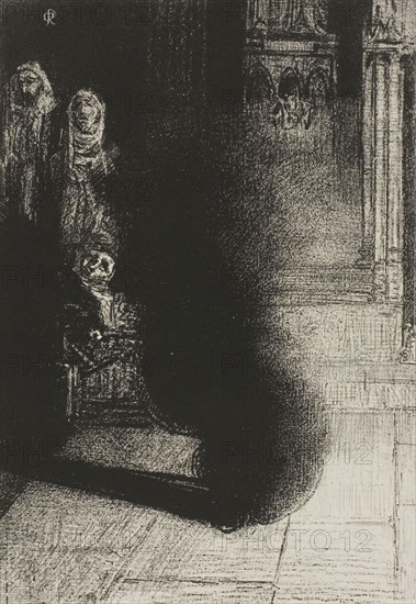 Frontispiece for Les Flambeaux noirs by Emile Verhaeren, 1890, Odilon Redon, French, 1840-1916, France, Lithograph in black on ivory China paper laid down on white wove paper, 174 × 120 mm (image/chine), 360 × 274 mm (sheet)