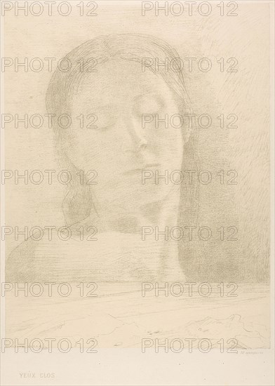 Closed Eyes, 1890, Odilon Redon, French, 1840-1916, France, Lithograph in gray-green on cream China paper laid down on ivory wove paper, 312 × 242 mm (image/chine), 453 × 349 mm (sheet)
