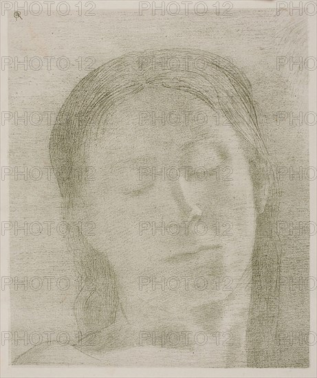 Closed Eyes, 1890, Odilon Redon, French, 1840-1916, France, Lithograph in green on ivory wove paper, 218 × 183 mm (image), 530 × 373 mm (sheet)