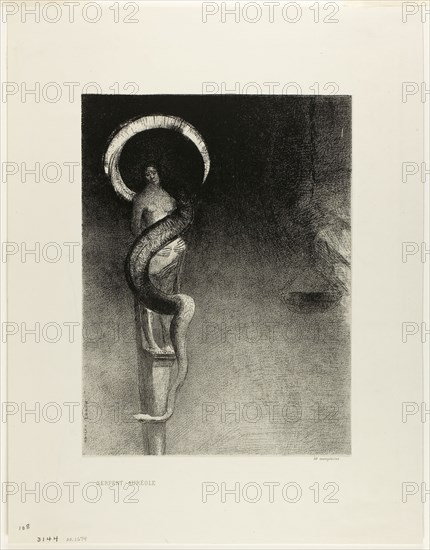 Serpent Halo, 1890, Odilon Redon, French, 1840-1916, France, Transfer lithograph on mounted ivory China paper, 304 × 227 mm