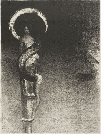 Serpent-Halo, 1890, Odilon Redon, French, 1840-1916, France, Lithograph in black on ivory China paper laid down on ivory wove paper, 302 × 222 mm (image/chine), 542 × 402 mm (sheet)
