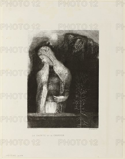 Female Saint and Thistle, 1891, Odilon Redon, French, 1840-1916, France, Lithograph in black on white China paper laid down on ivory wove paper, 286 × 207 mm (image/chine), 453 × 351 mm (sheet)