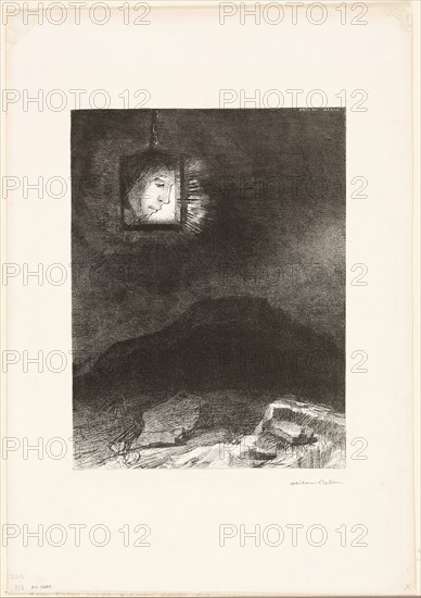 Precarious Glimmering, a Head Suspended from Infinity, plate 3 of 6, 1891, Odilon Redon, French, 1840-1916, France, Lithograph on white China paper laid down on ivory wove paper, 275 × 208 mm (image/chine), 443 × 310 mm (sheet)