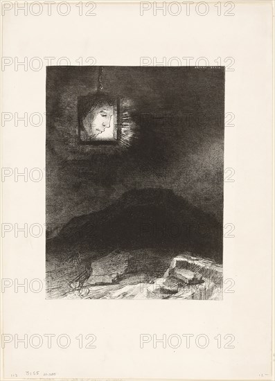 Precarious Glimmering, a Head Suspended from Infinity, plate 3 of 6, 1891, Odilon Redon, French, 1840-1916, France, Lithograph in black on ivory China paper laid down on ivory wove paper, 274 × 208 mm (image/chine), 437 × 313 mm (sheet)