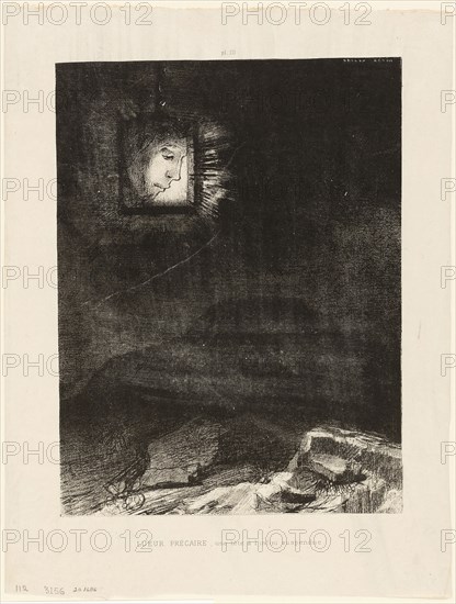 Precarious Glimmering, a Head Suspended from Infinity, plate 3 of 6, 1891, Odilon Redon, French, 1840-1916, France, Lithograph on light gray chine, 274 × 226 mm (image), 350 × 269 mm (sheet)