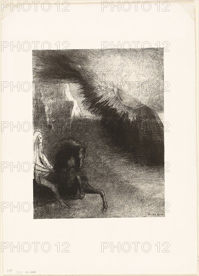 Pilgrim of the Sublunary World, plate 5 of 6, 1891, Odilon Redon, French, 1840-1916, France, Lithograph in black on ivory China paper laid down on heavy white wove paper, 276 × 215 mm (image/chine), 440 × 316 mm (sheet)