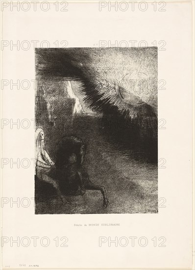 Pilgrim of the Sublunary World, plate 5 of 6, 1891, Odilon Redon, French, 1840-1916, France, Lithograph in black on ivory China paper laid down on ivory wove paper, 276 × 204 mm (image/chine), 436 × 312 mm (sheet)