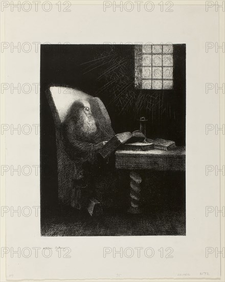 The Reader, 1892, Odilon Redon, French, 1840-1916, France, Lithograph in black on ivory China paper, laid down on ivory wove paper, 312 × 237 mm (image), 442 × 349 mm (sheet)