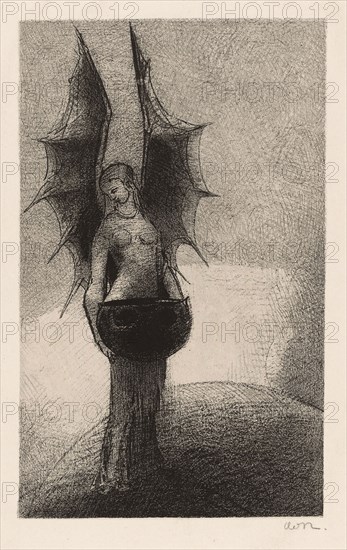 Frontispiece from Iwan Gilkin’s Tenebres (Darkness), 1892, Odilon Redon, French, 1840-1916, France, Lithograph in black on ivory China paper laid down on ivory wove paper, 199 × 122 mm (image/chine), 429 × 314 mm (sheet)