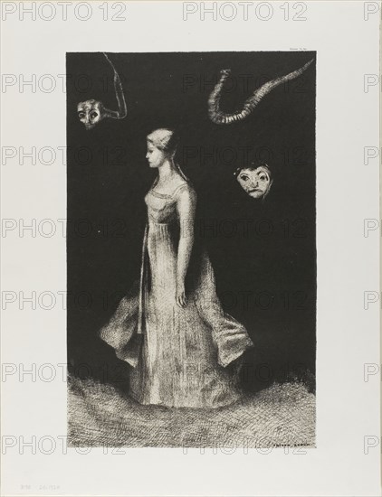Obsession, 1894, Odilon Redon, French, 1840-1916, France, Lithograph in black on cream China paper laid down on ivory wove paper, 364 × 228 mm (image/chine), 452 × 347 mm (sheet)