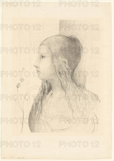 Brünnhilde, 1894, Odilon Redon, French, 1840-1916, France, Lithograph in black on heavy cream wove paper, 379 × 294 mm (image), 522 × 370 mm (irregular sheet)