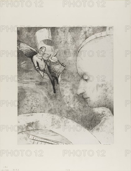 The Celestial Art, 1894, Odilon Redon, French, 1840-1916, France, Lithograph in black on off-white China paper laid down on ivory wove paper, 315 × 257 mm (image/chine), 452 × 349 mm (sheet)