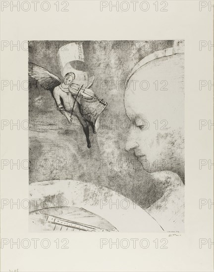 The Celestial Art, 1894, Odilon Redon, French, 1840-1916, France, Lithograph in black on off-white China paper laid down on ivory wove paper, 316 × 256 mm (image/chine), 453 × 349 mm (sheet)