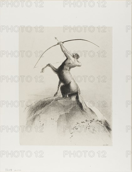 Centaur Aiming at the Clouds, 1895, Odilon Redon, French, 1840-1916, France, Lithograph in black ink on light gray China paper laid down on ivory China paper, 315 × 247 mm (chine), 454 × 347 mm (sheet)
