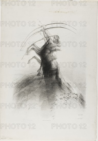 Centaur Taking Aim at the Clouds, 1895, Odilon Redon, French, 1840-1916, France, Lithograph in black on light gray wove paper, 208 × 236 mm (image), 428 × 300 mm (irregular sheet)