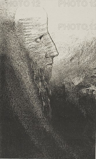 Saint Anthony: Help Me, O My God!, plate 2 of 24, 1896, Odilon Redon, French, 1840-1916, France, Lithograph in black on light gray China paper laid down on ivory wove paper, 217 × 132 mm (image/chine), 451 × 347 mm (sheet)