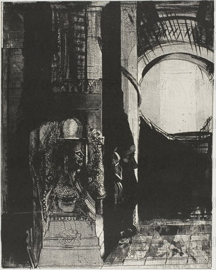 And On Every Side Are Columns of Basalt,…the Light Falls From the Vaulted Roof, plate 3 of 24, 1896, Odilon Redon, French, 1840-1916, France, Lithograph in black on ivory China paper laid down on ivory wove paper, 243 × 192 mm (image/chine, irregular), 527 × 347 mm (sheet)
