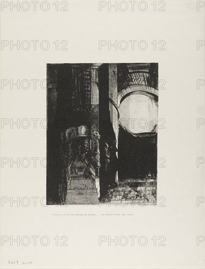 And On Every Side Are Columns of Basalt,…the Light Falls From the Vaulted Roof, plate 3 of 24, 1896, Odilon Redon, French, 1840-1916, France, Lithograph in black on ivory China paper laid down on ivory wove paper, 242 × 189 mm (image, overlaps chine), 451 × 347 mm (sheet)