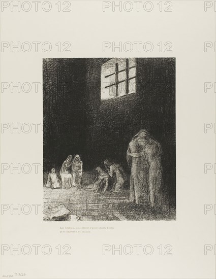 In the Shadow Are People, Weeping and Praying, Surrounded by Others Who Are Exhorting Them, plate 6 of 24, 1896, Odilon Redon, French, 1840-1916, France, Lithograph in black on ivory China paper laid down on ivory wove paper, 263 × 215 mm (image/chine), 450 × 346 mm (sheet)