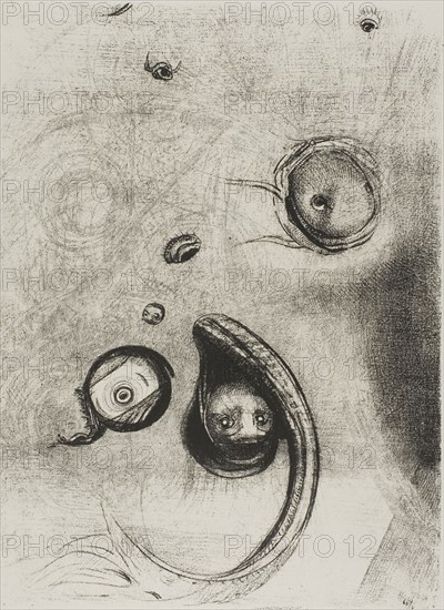 And that Eyes without Heads Were Floating Like Mollusks, plate 13 of 24, 1896, Odilon Redon, French, 1840-1916, France, Lithograph in black on light gray China paper laid down on ivory wove paper, 311 × 226 mm (image/chine), 526 × 349 mm (sheet)