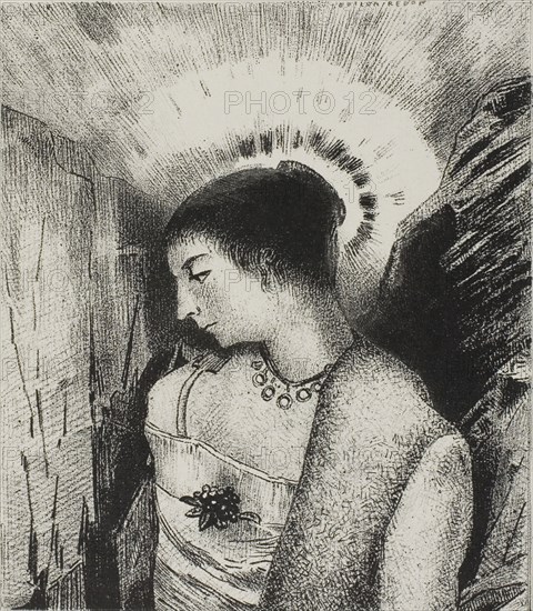 Here is the Good Goddess, the Idaean Mother of the Mountains, plate 15 of 24, 1896, Odilon Redon, French, 1840-1916, France, Lithograph in black on ivory China paper laid down on ivory wove paper, 150 × 130 mm (image/chine), 454 × 349 mm (sheet)