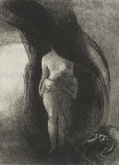 I am Still the Great Isis! Nobody Has Ever Yet Lifted My Veil! My Offspring is the Sun!, plate 16 of 24, 1896, Odilon Redon, French, 1840-1916, France, Lithograph in black on cream China paper laid down on ivory wove paper, 281 × 204 mm (image/chine), 453 × 349 mm (sheet)