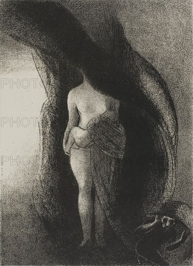 I am Still the Great Isis! Nobody Has Ever Yet Lifted My Veil!, plate 16 of 24, 1896, Odilon Redon, French, 1840-1916, France, Lithograph in black on light gray China paper laid down on ivory wove paper, 281 × 204 mm (image/chine), 453 × 349 mm (sheet)