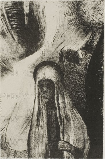 The Old Woman: What are you afraid of? A wide black hole! It is empty, perhaps?, plate 19 of 24, 1896, Odilon Redon, French, 1840-1916, France, Lithograph in black on light-gray China paper laid down on ivory wove paper, 162 × 107 mm (image), 161 × 106 mm (chine), 453 × 347 mm (sheet)