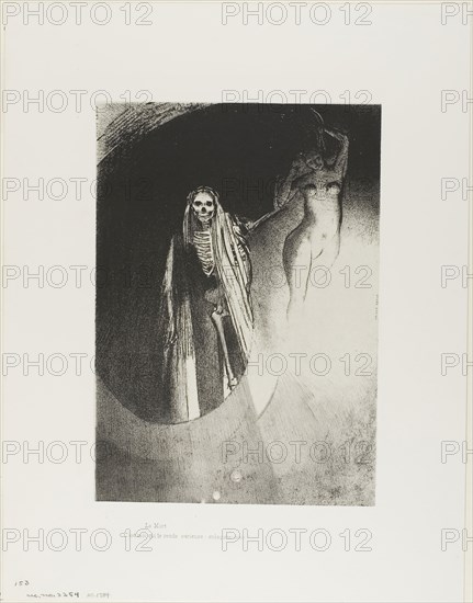 Death: It is I who make you serious, let us embrace each other, plate 20 of 24, 1896, Odilon Redon, French, 1840-1916, France, Lithograph in black on cream China paper laid down on ivory wove paper, 234 × 214 mm (image/chine), 452 × 350 mm (sheet)