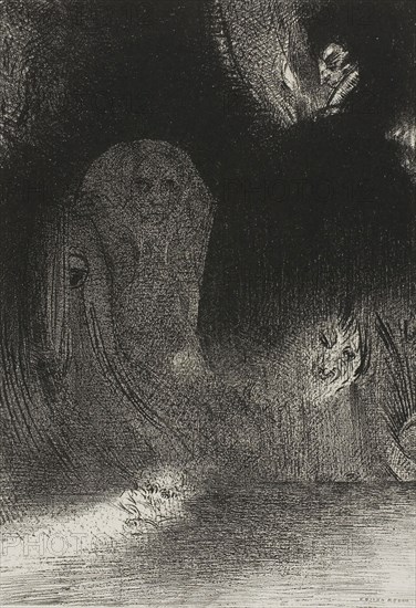 I Have Sometimes Seen in the Sky What Seemed to Be Like Forms of Spirits, plate 21 of 24, 1896, Odilon Redon, French, 1840-1916, France, Lithograph in black on ivory China paper laid down on ivory wove paper, 265 × 184 mm (image/chine), 453 × 349 mm (sheet)