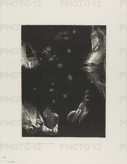 Different Peoples Inhabit the Countries of the Ocean, plate 23 of 24, 1896, Odilon Redon, French, 1840-1916, France, Lithograph in black on ivory China paper laid down on ivory wove paper, 310 × 231 mm (image/chine), 451 × 345 mm (sheet)