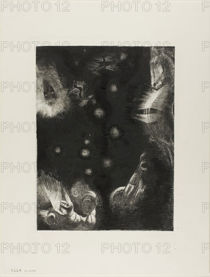 Different Peoples Inhabit the Countries of the Ocean, plate 23 of 24, 1896, Odilon Redon, French, 1840-1916, France, Lithograph in black with retouching in India ink on ivory China paper laid down on ivory wove paper, 308 × 230 mm (image), 310 × 234 mm (chine), 458 × 349 mm (sheet)