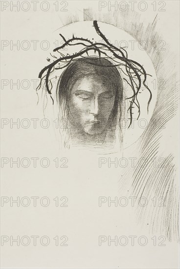 Day Appears at Last,…and in the Very Disk of the Sun Shines the Face of Jesus Christ, plate 24 of 24, 1896, Odilon Redon, French, 1840-1916, France, Lithograph in black on cream China paper laid down on ivory wove paper, 265 × 162 mm (image), 291 × 199 mm (chine), 520 × 343 mm (sheet)