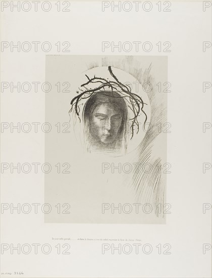 Day Appears at Last,…and in the Very Disk of the Sun Shines the Face of Jesus Christ, plate 24 of 24, 1896, Odilon Redon, French, 1840-1916, France, Lithograph in black on light gray China paper laid down on ivory wove paper, 268 × 161 mm (image), 277 × 200 mm (chine), 453 × 348 mm (sheet)