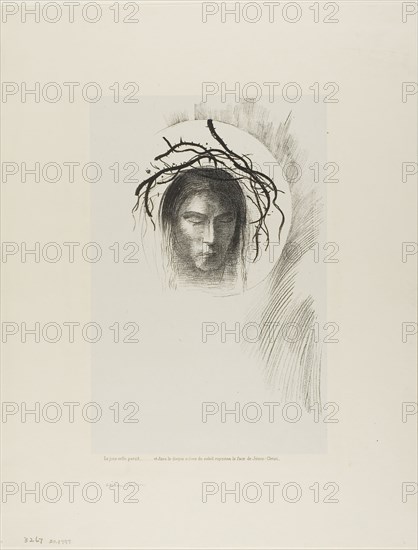 Day Appears at Last,…and in the Very Disk of the Sun Shines the Face of Jesus Christ, plate 24 of 24, 1896, Odilon Redon, French, 1840-1916, France, Lithograph in black on off-white China paper laid down on cream wove paper, 265 × 162 mm (image), 299 × 199 mm (chine), 454 × 350 mm (sheet)