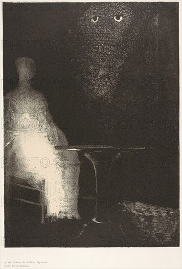 I Continued to Gaze on the Chair, and Fancied I Saw on It a Pale Blue Misty Outline of a Human Figure, plate 1 of 6, 1896, Odilon Redon, French, 1840-1916, France, Lithograph in black on ivory China paper laid down on ivory wove paper, 252 × 180 mm (image/chine), 445 × 313 mm (sheet)