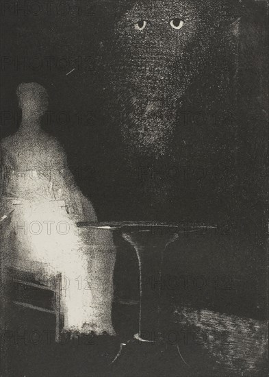 I Continued to Gaze on the Chair, and Fancied I saw on It a Pale Blue Misty Outline of a Human Figure, plate 1 of 6, 1896, Odilon Redon, French, 1840-1916, France, Lithograph in black on ivory China paper laid down on ivory wove paper, 252 × 180 mm (image/chine), 449 × 311 mm (sheet)