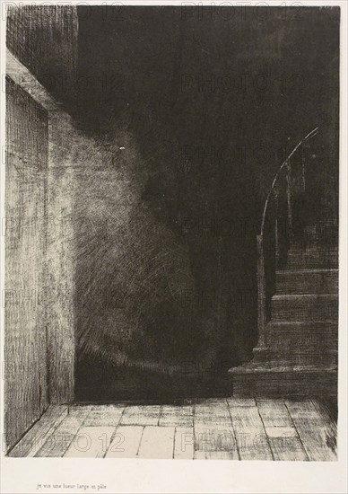 We Both Saw a Large Pale Light, plate 2 of 6, 1896, Odilon Redon, French, 1840-1916, France, Lithograph in black on off-white China paper laid down on ivory wove paper, 229 × 170 mm (image/chine), 431 × 314 mm (sheet)