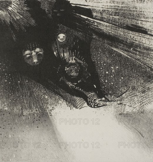 Larvae So Bloodless and So Hideous, plate 5 of 6, 1896, Odilon Redon, French, 1840-1916, France, Lithograph in black on ivory China paper laid down on white wove paper, 180 × 171 mm (image/chine), 429 × 312 mm (sheet)