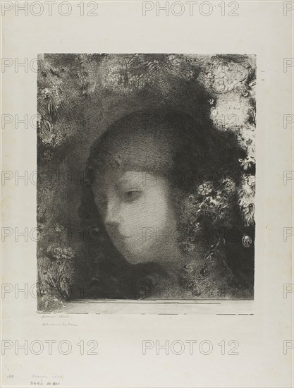 Child’s Head With Flowers, 1897, Odilon Redon, French, 1840-1916, France, Lithograph in black on light gray loose chine, 290 × 246 mm (image), 429 × 326 mm (sheet)